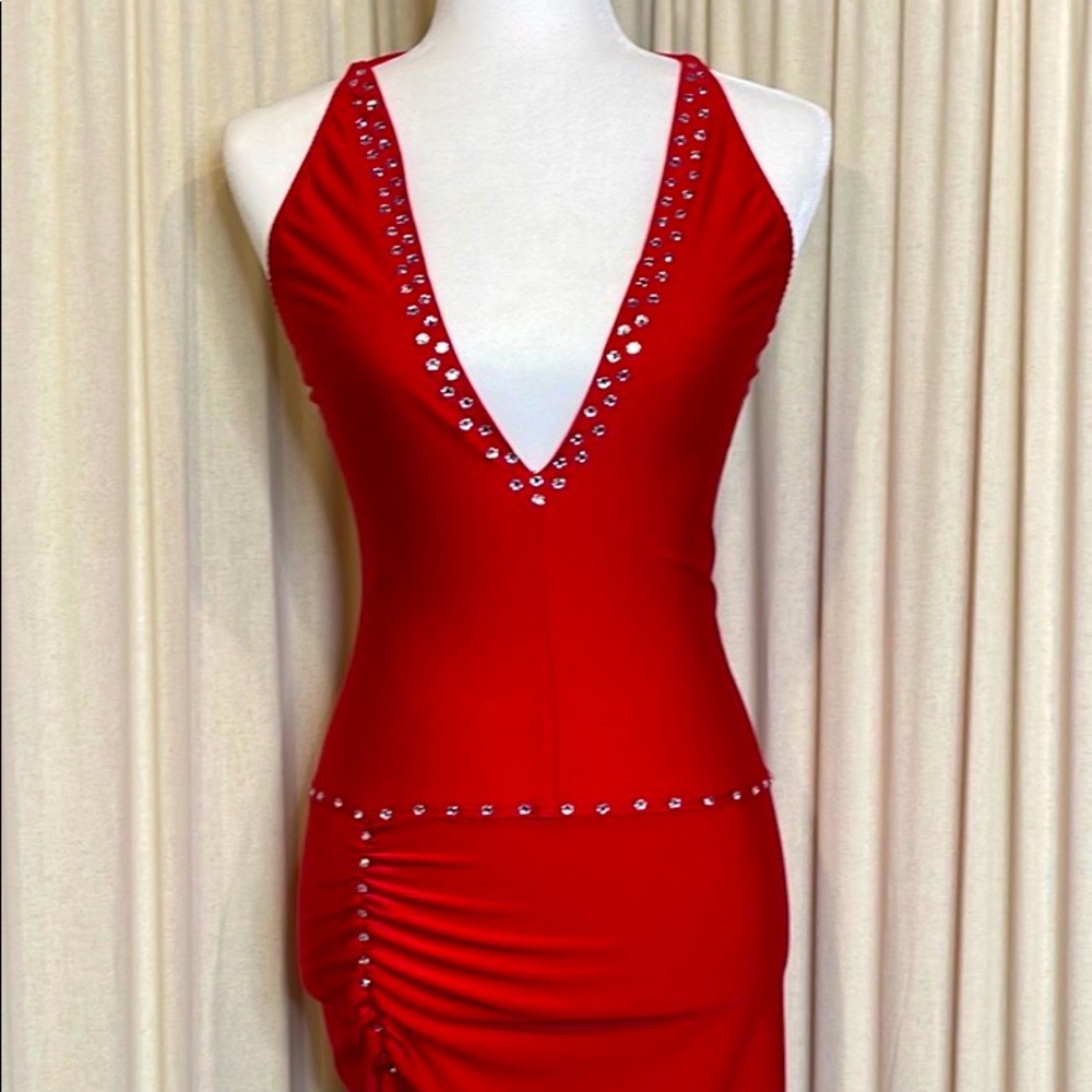 RED LYCRA & RHINESTONE HALTER DEEP V NECK DANCER/CLUB  DRESS SIZE SMALL